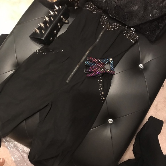 Black studded jumpsuit/zipper front - Picture 2 of 8